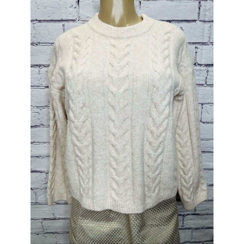 Joie Womens Cream Wool Blend Crew Neck Chunky Cable Knit Pullover Sweater XS
